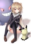  1girl bangs black_legwear blonde_hair blush closed_mouth commentary_request cross cross_necklace dress eyebrows_visible_through_hair full_body game_club_project gengar gluteal_fold hair_between_eyes headset highres holding jewelry long_hair long_sleeves looking_at_another mimikyu minato_yoshihiro necklace one_side_up poke_ball pokemon pokemon_(creature) red_eyes shoes sitting smile thigh-highs thighs virtual_youtuber yumesaki_kaede 