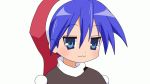  1girl :3 animated animated_gif blue_eyes blue_hair dancing derivative_work doremy_sweet double_v hat looking_at_viewer lucky_star motteke!_serafuku nightcap pom_pom_(clothes) red_hat revision shikushiku_(amamori_weekly) solo touhou turtleneck upper_body v 