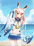  1girl arm_up artist_name ayanami_(azur_lane) azur_lane bandaid_on_arm beach blue_skirt blue_sky blurry blurry_background closed_mouth clouds commentary_request day depth_of_field detached_sleeves hair_ornament headgear highres horizon leaning_to_the_side light_brown_hair long_hair long_sleeves midriff navel ocean outdoors pleated_skirt ponytail sand school_uniform seero serafuku shirt skindentation skirt sky sleeveless sleeveless_shirt smile solo thigh-highs very_long_hair water white_belt white_legwear white_shirt wide_sleeves yellow_neckwear 
