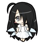  1girl :o bangs barefoot black_hair blue_wings blush_stickers chibi commentary_request dress fairy_wings full_body grey_eyes hand_up jacket long_hair one_side_up original parted_lips rinechun short_sleeves simple_background solo very_long_hair white_background white_dress white_jacket wings wristband 
