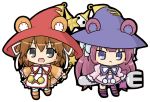  2girls :&lt; :d animal_ears asymmetrical_legwear bangs bear_ears blue_hat blush_stickers bow brown_dress brown_footwear brown_hair chibi closed_mouth commentary_request dress dumpty_alma emil_chronicle_online eyebrows_visible_through_hair fork grey_eyes hair_between_eyes hair_bow hair_ribbon hat holding holding_fork holding_wand juliet_sleeves long_hair long_sleeves looking_at_viewer multiple_girls open_mouth oversized_object pink_dress pom_pom_(clothes) puffy_sleeves purple_footwear purple_hair purple_ribbon red_hat red_ribbon ribbon rinechun simple_background sleeves_past_fingers sleeves_past_wrists smile standing standing_on_one_leg star striped striped_legwear thigh-highs tiny_alma very_long_hair violet_eyes wand white_background white_bow white_ribbon wide_sleeves 