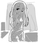  1girl absurdres angelica_(k3lly) artist_name bangs blush curtains eyebrows_visible_through_hair greyscale head_tilt highres long_hair looking_at_viewer monochrome noobember one_eye_closed pajamas solo standing stitched_blush tired yawning 