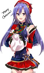  1girl bag bare_shoulders beret black_gloves blue_eyes blue_hair cowboy_shot detached_sleeves fur_trim gift gloves hat kazanari_tsubasa long_hair looking_at_viewer merry_christmas miniskirt purple_hair resyeol senki_zesshou_symphogear senki_zesshou_symphogear_xd_unlimited simple_background skirt solo thigh-highs violet_eyes white_background zettai_ryouiki 