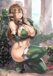  1girl bangs bare_shoulders blush boots breast_hold breasts brown_hair bush cleavage commentary_request day earrings elbow_gloves elf fingerless_gloves fingernails glasses gloves grass green_eyes green_gloves green_legwear hair_between_eyes hair_ornament highres houtengeki jewelry kneeling large_breasts long_hair looking_at_viewer mushroom navel open_mouth original outdoors pointy_ears revealing_clothes rimless_eyewear shiny shiny_skin sleeveless solo sweat thigh-highs thigh_boots thighs 