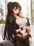  1girl bangs belt black_hair breasts brown_hair cellphone closed_mouth coffee_cup cowboy_shot cup day disposable_cup earrings eyebrows_visible_through_hair goomrrat hair_between_eyes hand_up holding holding_phone idolmaster idolmaster_shiny_colors jacket jewelry large_breasts light_particles long_hair midriff navel necklace open_clothes open_jacket outdoors phone ponytail shirase_sakuya smartphone smile solo tank_top thigh_gap very_long_hair watch watch yellow_eyes 