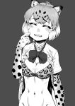  1girl ^_^ arm_at_side blush bow bow_bra bowtie bra breasts buttons cleavage closed_eyes embarrassed eyebrows_visible_through_hair finger_to_cheek frills gloves greyscale hand_up highres jaguar_(kemono_friends) jaguar_ears jaguar_print kemono_friends kishida_shiki medium_breasts monochrome navel open_clothes open_mouth open_shirt print_bra print_gloves short_hair short_sleeves smile solo standing stomach unbuttoned unbuttoned_shirt underwear undone_bowtie upper_body 
