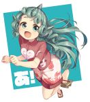  1girl :d a bare_legs bent_elbow bent_knee blue_background breasts collared_shirt commentary curly_hair ears fang full_body geta green_eyes green_hair highres horn kariyushi_shirt komano_aun ksk_(semicha_keisuke) long_hair looking_at_viewer medium_breasts one_leg_raised open_mouth paw_pose red_shirt shirt short_sleeves shorts smile solo standing standing_on_one_leg tareme thick_eyebrows touhou two-tone_background white_background white_shorts 