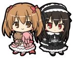  2girls bangs black_dress black_footwear black_hairband blush_stickers brown_eyes brown_hair chibi closed_mouth commentary_request dress eyebrows_visible_through_hair frilled_dress frilled_hairband frills gothic_lolita hair_between_eyes hairband juliet_sleeves lolita_fashion long_hair long_sleeves multiple_girls object_hug original pantyhose pink_dress pink_footwear puffy_sleeves red_eyes rinechun sleeves_past_fingers sleeves_past_wrists smile standing stuffed_animal stuffed_bunny stuffed_toy teddy_bear two_side_up white_legwear wide_sleeves 