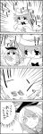  !? 4koma backpack bag collision comic commentary_request emphasis_lines falling greyscale hat highres kamishirasawa_keine letty_whiterock looking_back monochrome multicolored_hair racing running scarf smile sparkle streaked_hair tani_takeshi touhou translation_request yukkuri_shiteitte_ne 