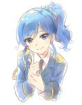  1girl aikatsu! aikatsu!_(series) bangs black_neckwear blue_eyes blue_hair blue_jacket closed_mouth collared_shirt commentary_request eyebrows_visible_through_hair finger_gun hair_ornament hair_scrunchie heart index_finger_raised jacket kiriya_aoi long_hair long_sleeves monsieur necktie own_hands_together ponytail scrunchie shirt side_ponytail simple_background smile solo white_background wing_collar 