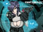  absurdres aiming ammunition bangs belt black_gloves breasts cleavage cyberpunk cyborg firing ghost_in_the_shell ghost_in_the_shell_stand_alone_complex gloves gun hair_over_eyes handgun heads-up_display highres holding holding_gun holding_weapon huge_filesize jacket japanese kusanagi_motoko large_breasts lips one_eye_covered open_clothes open_jacket open_shirt pistol purple_hair r3dfive science_fiction short_hair unzipped utility_belt weapon 