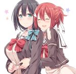  2girls :d ^_^ bow breasts closed_eyes commentary_request green_eyes hair_between_eyes hair_bow hair_over_shoulder hair_ribbon hasu_(hk_works) hug hug_from_behind large_breasts long_hair low_ponytail multiple_girls open_mouth red_bow redhead ribbon school_uniform simple_background smile tougou_mimori upper_body white_background yuri yuuki_yuuna yuuki_yuuna_wa_yuusha_de_aru yuusha_de_aru 