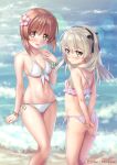  2girls amakusa_tobari arm_grab arms_behind_back bangs beach bikini black_ribbon blurry blurry_background blush bracelet breasts brown_eyes brown_hair cleavage closed_mouth commentary_request covering covering_ass day diffraction_spikes eyebrows_visible_through_hair flower frilled_bikini frills from_side front-tie_bikini front-tie_top girls_und_panzer hair_flower hair_ornament hair_ribbon jewelry lens_flare light_brown_eyes light_brown_hair long_hair looking_at_viewer looking_back medium_breasts multiple_girls navel nishizumi_miho ocean open_mouth outdoors petite pink_bikini ribbon shimada_arisu short_hair side-tie_bikini small_breasts smile sparkle standing swimsuit twitter_username waves white_bikini wristband 