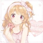  1girl :q aikatsu! aikatsu!_(series) blush camisole closed_mouth collarbone commentary_request hairband happy_birthday head_tilt heart holding light_brown_hair long_hair looking_at_viewer one_side_up oozora_akari peko pink_hairband red_eyes smile solo star striped striped_camisole tongue tongue_out 
