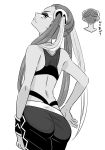  1girl amapippi052525 bare_shoulders from_behind greyscale hair_ornament highres long_hair looking_back monochrome pants plumeri_(pokemon) pokemon pokemon_(game) pokemon_sm simple_background skull_hair_ornament solo team_skull twintails white_background wristband 