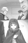  1girl 4boys ayakura_juu beard cape facial_hair greyscale grin hat holo hood hooded indoors monochrome multiple_boys neckerchief novel_illustration official_art smile spice_and_wolf 