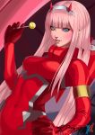  aqua_eyes bangs blush bodysuit candy darling_in_the_franxx eyeshadow food hairband hand_on_hip highres holding_candy horns kouichi09 lollipop makeup pilot_suit pink_hair red_bodysuit shiny shiny_hair skin_tight smile straight_hair white_hairband zero_two_(darling_in_the_franxx) 