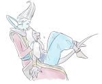  2boys ^_^ beerus carrying closed_eyes dragon_ball dragon_ball_super fingernails full_body happy long_fingernails long_sleeves male_focus multiple_boys simple_background sitting sitting_on_person smile tongue tongue_out towel whis white_background white_hair 