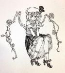  1girl bangs between_legs bow closed_mouth flandre_scarlet flower full_body hair_between_eyes hand_between_legs hat high_heels highres long_hair looking_at_viewer mashimashi mob_cap monochrome rose short_sleeves side_ponytail sitting skirt smile solo thorns touhou traditional_media 