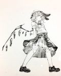  1girl arm_behind_back bangs bow bowtie flandre_scarlet full_body hat highres layered_skirt looking_at_viewer mashimashi mob_cap monochrome parted_lips pleated_skirt pointy_ears shoes short_sleeves side_ponytail skirt solo standing touhou traditional_media 