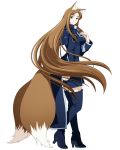  1girl animal_ears blue_dress blue_footwear boots breasts brown_hair dress floating_hair fox_ears fox_tail from_side full_body green_eyes high_heel_boots high_heels log_horizon long_hair looking_at_viewer medium_breasts multiple_tails official_art round_table_concil_uniform short_dress smile solo standing sylvia_(log_horizon) tail thigh_boots transparent_background two_tails uniform very_long_hair zettai_ryouiki 