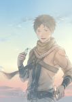  1boy :d akagami_no_shirayukihime artist_name belt blue_sky brown_hair capelet grey_eyes jewelry looking_at_viewer male_focus necklace obi_(akagami_no_shirayukihime) open_mouth outdoors sky smile solo standing sua_lucid sunset sword upper_body weapon 