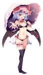  1girl bare_shoulders bat_wings bikini black_bikini black_legwear black_wings blue_hair bow breasts cleavage commentary_request detached_collar fang flower full_body groin hat hat_flower hat_ribbon highres holding holding_umbrella leg_garter looking_at_viewer maturiuta_sorato mob_cap navel no_shoes outstretched_arm pink_hat pointy_ears red_bow red_eyes red_flower remilia_scarlet ribbon simple_background small_breasts solo standing stomach swimsuit thigh-highs thigh_gap touhou umbrella white_background wings wrist_cuffs 