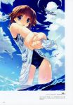  1girl absurdres amazuyu_tatsuki bangs bird blue_sky brown_hair clouds cloudy_sky day dress eyebrows_visible_through_hair highres komaki_ikuno looking_at_viewer ocean official_art one-piece_swimsuit open_mouth outdoors scan school_swimsuit seagull sky solo swimsuit swimsuit_under_clothes to_heart_2 wading water wet wet_clothes wringing_clothes 