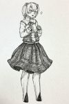  1girl bangs blush bow bowtie clenched_hands cyborg full_body highres long_sleeves mashimashi monochrome open_mouth original pleated_skirt short_hair skirt solo sparkle standing traditional_media 