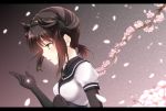  1girl anchor_symbol black_headband black_sailor_collar blush breasts bright_pupils brown_hair cherry_blossoms clothes_writing flower from_side gradient gradient_background hachimaki hair_flaps hair_tie hand_on_own_chest hatsuzuki_(kantai_collection) headband highres kantai_collection letterboxed low_ponytail medium_hair nuka_(nvkka) parted_lips patterned_background petals pink_flower profile puffy_short_sleeves puffy_sleeves ringed_eyes sailor_collar school_uniform serafuku shirt short_sleeves sidelocks small_breasts solo underbust upper_body white_shirt yellow_eyes 
