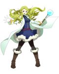  1girl black_legwear blonde_hair blue_dress boots brown_eyes brown_footwear cape dress floating_hair full_body fur_trim holding holding_staff knee_boots log_horizon long_hair marielle_(log_horizon) official_art open_mouth outstretched_arms pantyhose pointy_ears short_dress solo staff standing transparent_background very_long_hair white_cape 