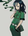  1boy breast_press cigarette closed_mouth copyright_request cowboy_shot green_eyes green_hair green_pants green_shirt grey_background hand_up highres holding holding_cigarette long_hair pants reiesu_(reis) shirt short_sleeves simple_background smoking solo standing 