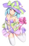  1girl aqua_hair bangs bell blunt_bangs boots bow breasts bridal_gauntlets casual_one-piece_swimsuit detached_collar eyebrows_visible_through_hair full_body gem green_bow hat hat_bow heart holding holding_wand legs_up long_hair looking_at_viewer medium_breasts one-piece_swimsuit original pink_eyes purple_footwear purple_hat ribbon sasaame simple_background smile solo swimsuit thigh-highs wand white_background white_legwear witch_hat 