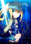  1girl artoria_pendragon_(all) bangs baseball_cap black_hat black_shorts blue_eyes blue_jacket blue_shirt closed_mouth commentary_request eyebrows_visible_through_hair fate/extella fate/extra fate/grand_order fate_(series) fingerless_gloves gloves glowing glowing_sword glowing_weapon hair_between_eyes hair_through_headwear hat highres holding holding_sword holding_weapon jacket jacket_on_shoulders long_hair long_sleeves mysterious_heroine_x navel ponytail rojiura_satsuki:_chapter_heroine_sanctuary shirt shorts sidelocks solo sword taiyaki_(astre) track_jacket weapon 