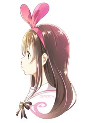  1girl a.i._channel bangs black_bow blue_eyes bow brown_hair closed_mouth commentary_request eyebrows_visible_through_hair hair_ribbon hairband kizuna_ai long_hair looking_away multicolored_hair pink_hair pink_hairband pink_ribbon profile ribbon sailor_collar simple_background solo streaked_hair striped striped_bow translation_request virtual_youtuber white_background white_sailor_collar yuuzii 