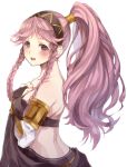  1girl armlet bare_shoulders blush braid breasts commentary fire_emblem fire_emblem:_kakusei gloves hairband hands_on_own_chest jurge long_hair looking_at_viewer medium_breasts midriff olivia_(fire_emblem) open_mouth pink_eyes pink_hair ponytail solo twin_braids 