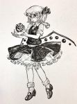  1girl bangs bow flandre_scarlet full_body hair_between_eyes hat highres layered_skirt mary_janes mashimashi mob_cap monochrome parted_lips pointy_ears shoes short_sleeves side_ponytail skirt skirt_set socks solo standing touhou traditional_media 