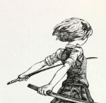  1girl arms_behind_back cowboy_shot dual_wielding from_side highres holding holding_sword holding_weapon konpaku_youmu mashimashi monochrome pleated_skirt short_hair short_sleeves skirt solo sword touhou traditional_media weapon 