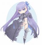  1girl armor armored_boots bangs black_coat blue_eyes blue_ribbon boots chibi coat crotch_plate eyebrows_visible_through_hair fate/extra fate/extra_ccc fate/grand_order fate_(series) full_body hair_ornament hair_ribbon highres kinakonato long_hair long_sleeves looking_at_viewer meltlilith navel purple_hair revealing_clothes ribbon simple_background sleeves_past_fingers sleeves_past_wrists smile solo spikes very_long_hair very_long_sleeves 