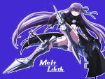  1girl armor armored_boots bangs black_coat blue_background blue_eyes blue_hair blue_ribbon boots character_name coat fate/extra fate/extra_ccc fate/grand_order fate_(series) hair_ornament hair_ribbon long_hair long_sleeves looking_at_viewer meltlilith purple_hair revealing_clothes ribbon simple_background sleeves_past_fingers sleeves_past_wrists solo very_long_hair very_long_sleeves zatou_(kirsakizato) 
