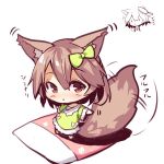  1girl animal_ears barefoot brown_hair chibi clenched_hand dress fox_ears fox_girl fox_tail futon green_dress hair_brush hair_brushing long_sleeves original outstretched_arms red_eyes standing tail tail_wagging translation_request white_background wide_sleeves yuuji_(yukimimi) |_| 