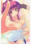  1girl :p absurdres amazuyu_tatsuki armpits bangs bare_shoulders bathroom bathtub breasts brown_eyes cleavage collarbone curtains eyebrows_visible_through_hair fingernails hair_bun hair_up highres holding indoors kousaka_tamaki large_breasts looking_at_viewer naked_towel official_art outstretched_arm redhead scan shiny shiny_hair sidelocks solo standing standing_on_one_leg taut_clothes to_heart_2 tongue tongue_out towel water wet wet_hair 