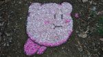  :t arms_up black_eyes blush_stickers closed_mouth commentary_request creature full_body highres kirby kirby_(series) leaf no_humans petals photo rock solid_oval_eyes 