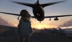  1girl aircraft airfield airplane brown_hair clouds day grey_jacket hands_in_pockets jacket landing lens_flare lighting litra_(ltr0312) long_hair long_sleeves looking_at_airplane motion_blur original outdoors runway scenery simple_background sky sunset 