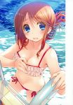  1girl absurdres amazuyu_tatsuki bangs bikini blue_eyes blush breasts brown_hair cleavage collarbone eyebrows_visible_through_hair eyes_visible_through_hair folded_ponytail frilled_bikini frills hair_up highres komaki_manaka looking_at_viewer medium_breasts navel official_art open_mouth pool pool_ladder scan sidelocks solo swimsuit to_heart_2 water wavy_mouth 