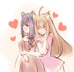  2girls :3 :d ^_^ ahoge animal_ears blonde_hair blue_hair braid cat_ears closed_eyes commentary dress hand_on_another&#039;s_cheek hand_on_another&#039;s_face heart hexunart hug hug_from_behind long_hair multiple_girls open_mouth original pink_dress short_sleeves simple_background sketch smile yuri 