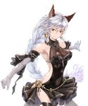  1girl animal_ears backless_outfit bare_shoulders black_dress braid breasts cat_ears cleavage commentary_request dress elbow_gloves erect_nipples erune gloves granblue_fantasy heles large_breasts long_hair sige_(sige555) silver_hair single_braid smile solo standing thigh-highs very_long_hair yellow_eyes 