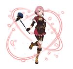  1girl ;d black_gloves boots breasts brown_apron brown_footwear brown_shorts dress gloves hair_ornament hairclip hand_on_hip holding holding_weapon knee_boots lisbeth medium_breasts one_eye_closed one_leg_raised open_mouth pink_hair red_dress red_eyes short_hair shorts simple_background smile solo standing standing_on_one_leg sword_art_online warhammer weapon white_background 