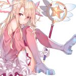  1girl bangs blonde_hair blush boots closed_mouth dress elbow_gloves fate/kaleid_liner_prisma_illya fate_(series) gloves hair_ornament hakuishi_aoi illyasviel_von_einzbern long_hair looking_at_viewer magical_ruby parted_bangs pink_dress pink_eyes pink_footwear pink_gloves pink_legwear sidelocks simple_background sitting smile solo thigh-highs thigh_boots thighs two_side_up white_background white_gloves 