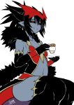  1girl bare_shoulders black_gloves black_hair black_legwear blue_skin breasts cleavage commentary_request cup dark_skin dated demon_girl elbow_gloves fur_trim gloves highres holding horns juugoya_(zyugoya) looking_at_viewer navel original parted_lips pointy_ears red_eyes short_hair signature simple_background sitting slit_pupils small_breasts smile solo teacup thigh-highs tray white_background 